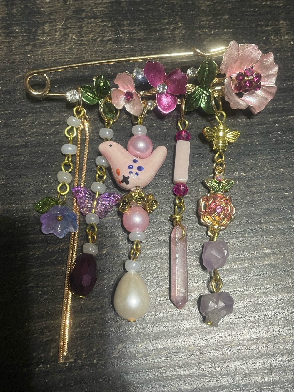 Hand Crafted Pink and Purple Floral Charm Brooch - Picture 5 of 6